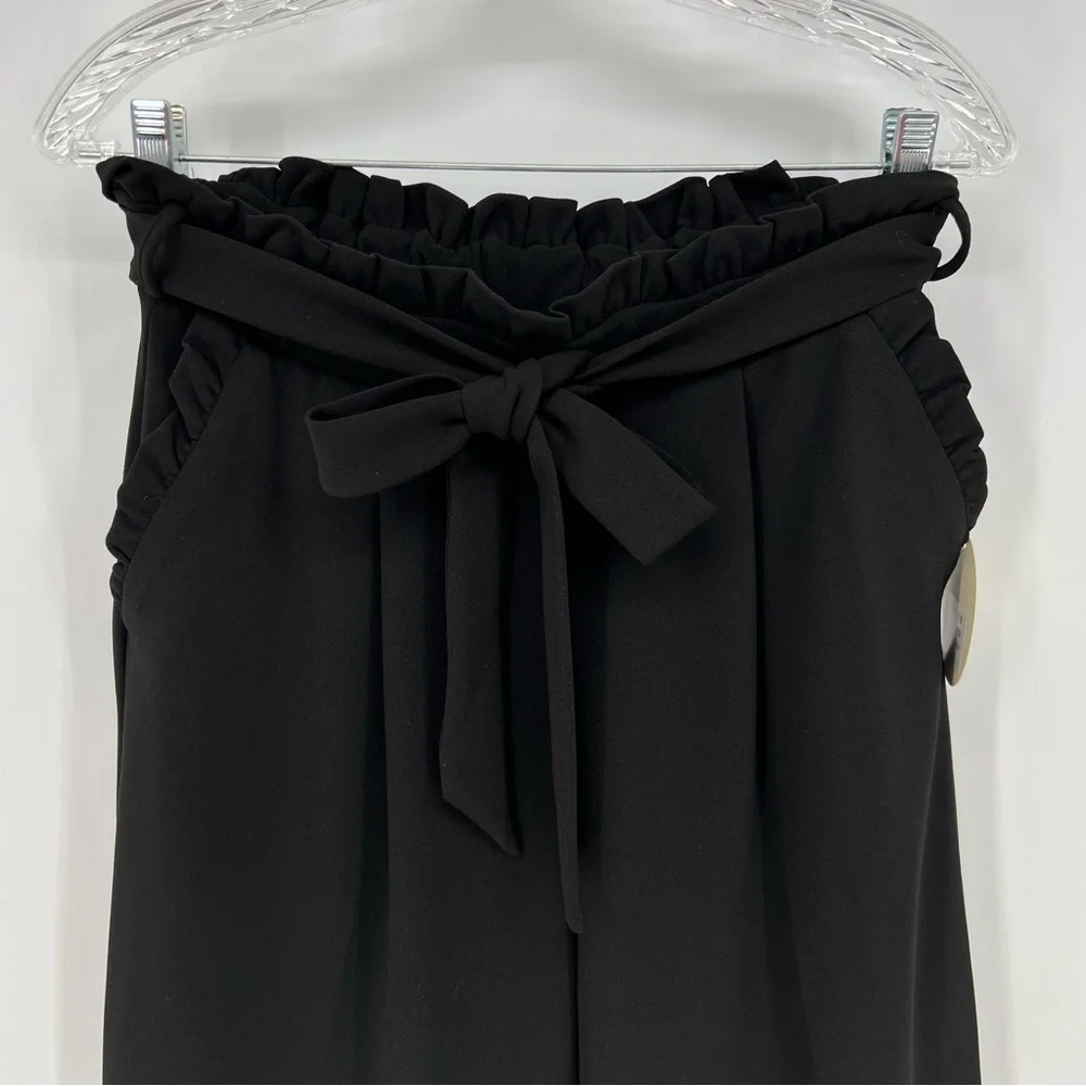 Lara Fashion Women Pants Large Black Wide Leg Paper Bag Gathered Waist Sash Belt - Picture 3 of 10